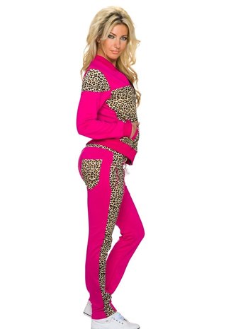 Dames huispak / joggingpak met panterprint - roze