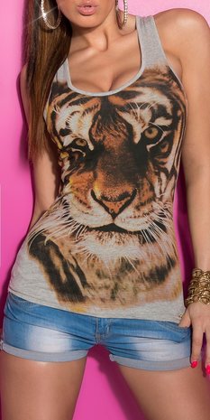 Dames top / tanktop met tijger - grijs