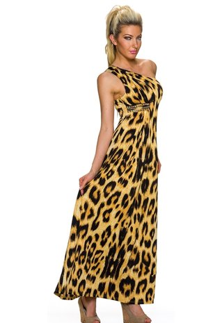 Dames maxi dress / lange jurk met panterprint - bruin