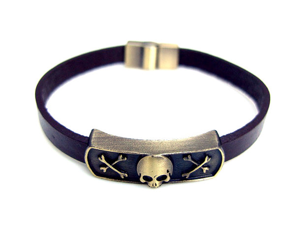 Armband leder / staal - doodshoofd / skull