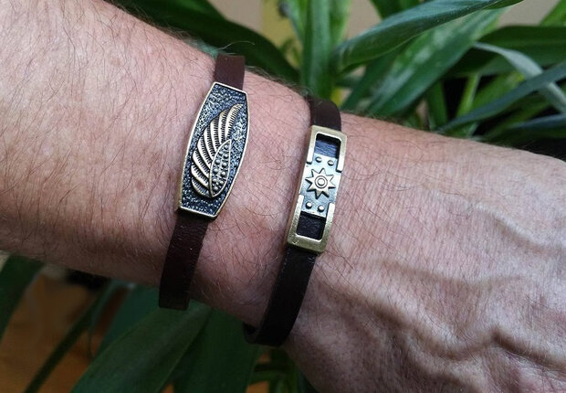 Armband leder / staal - vleugel