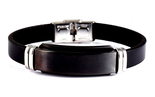 Armband leder / staal - zwart