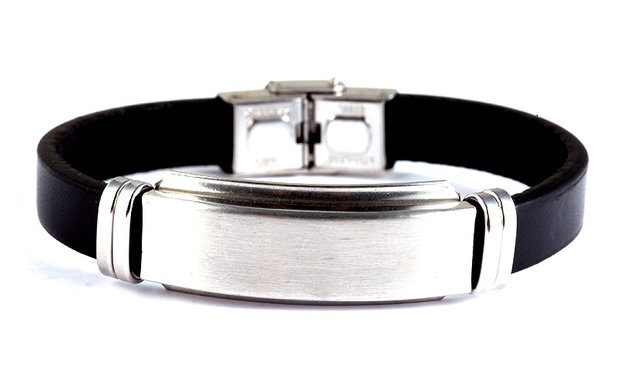 Armband leder / staal - zwart