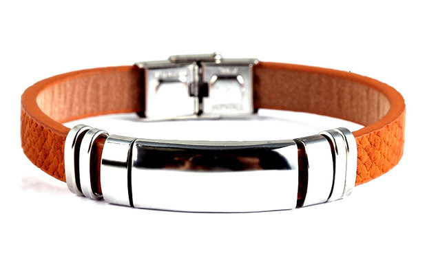 Armband leder / staal - camel