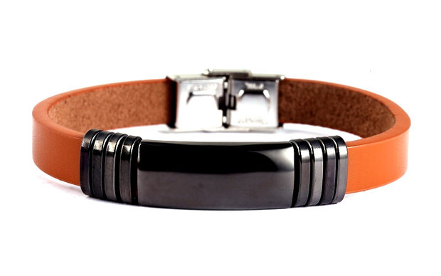 Armband leder / staal - camel