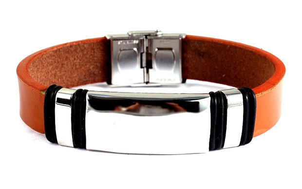 Armband leder / staal - camel