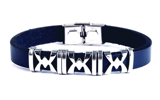 Armband leder / staal - blauw