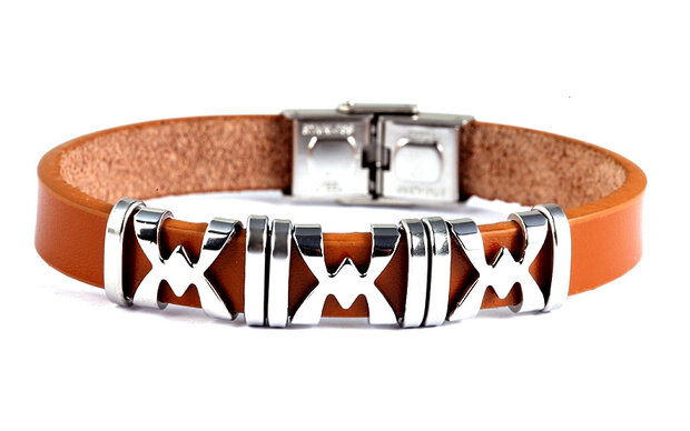 Armband leder / staal - camel