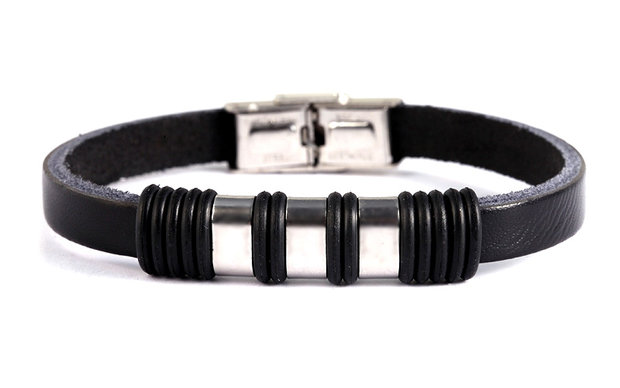 Armband leder / staal - zwart