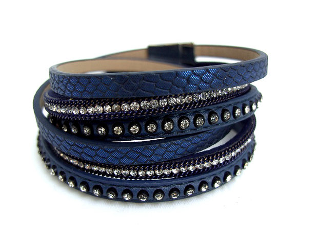 Dames armband / wikkelarmband met strass - blauw