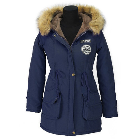 Dames halflange winterjas / parka met voering - donkerblauw