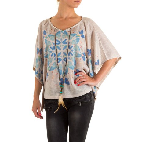 Dames shirt met korte mouw - beige / vlinders