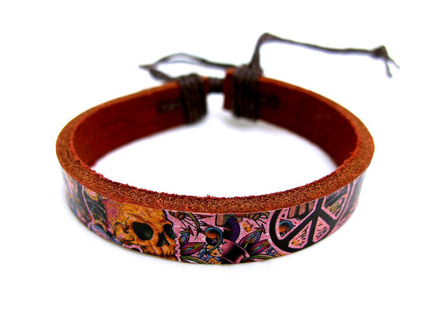 Armband echt leder met tattoo-print - bruin / multicolor