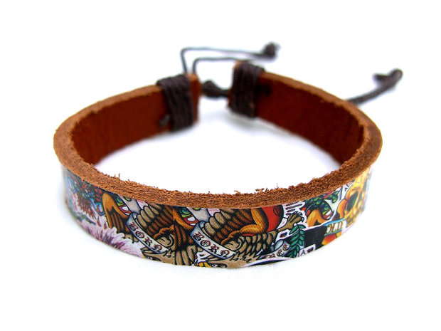 Armband echt leder met tattoo-print - bruin / multicolor