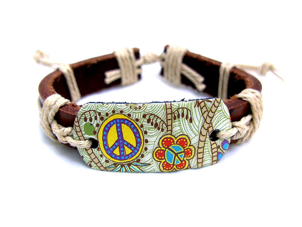 Dames armband echt leder met print - peace / bloemen
