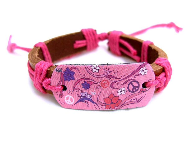 Dames armband echt leder met print - peace / bloemen