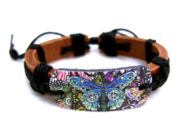 Dames armband echt leder met print - vlinder / peace