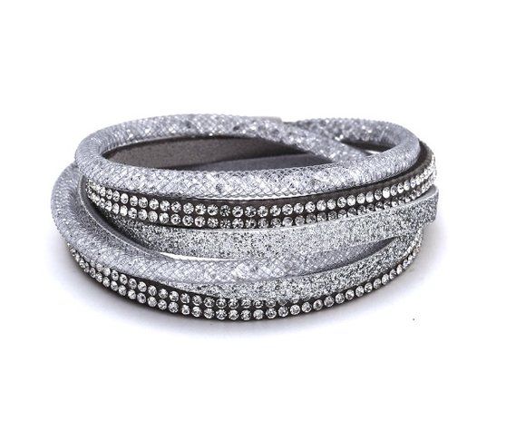 Dames armband / wikkelarmband met strass - zilver / grijs