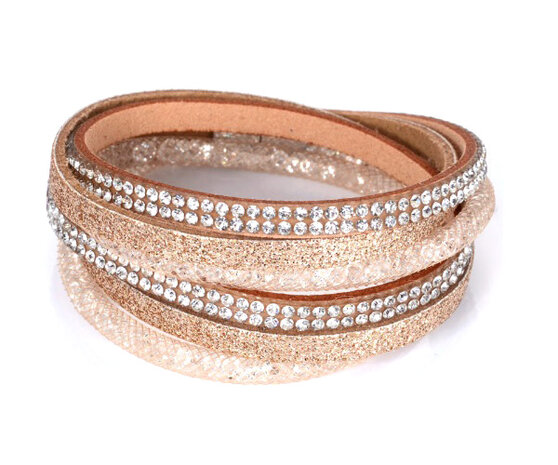 Dames armband / wikkelarmband met strass - beige / goud