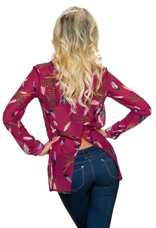 Dames blouse met veren en split-back - bordeaux