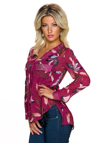 Dames blouse met veren en split-back - bordeaux