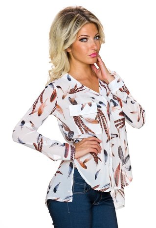 Dames blouse met veren en split-back - wit