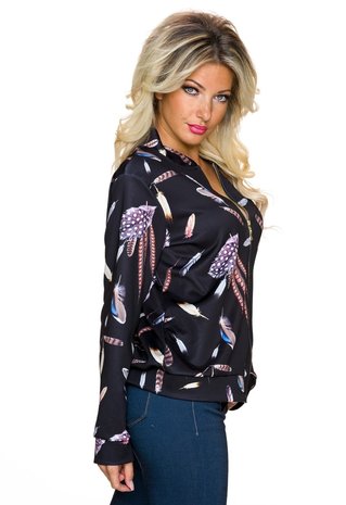 Dames bomber jack / sweatjasje met veren - zwart