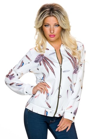 Dames bomber jack / sweatjasje met veren - wit