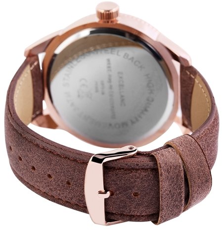 Excellanc XXL horloge met lederen band - bruin / rosé