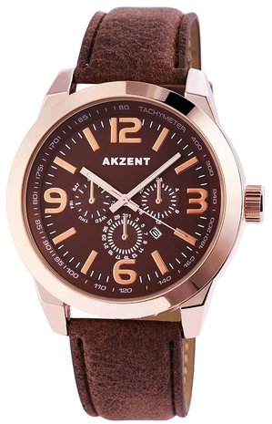 Akzent XXL horloge met lederen band - bruin / rosé