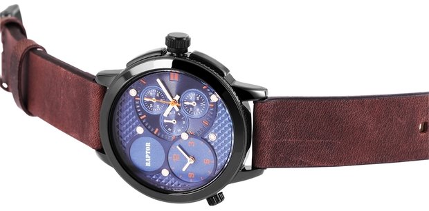 Raptor dualtime horloge met lederen band - bruin / blauw