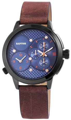 Raptor dualtime horloge met lederen band - bruin / blauw
