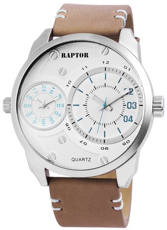 Raptor dualtime XXL horloge met lederen band - coffee / zilver