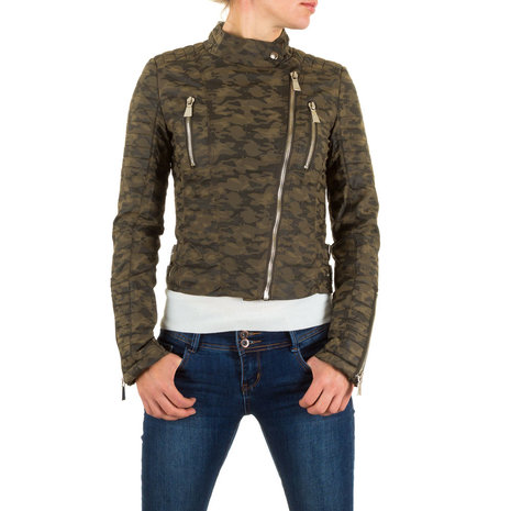 Dames biker jas / leatherlook jack army - legerprint / groen