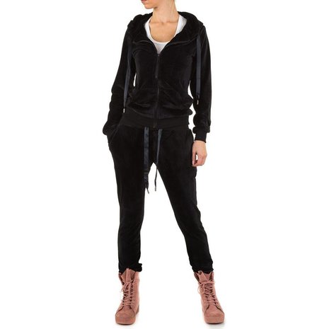 Dames velvet huispak / velours joggingpak - zwart