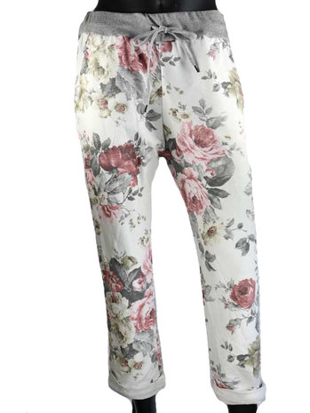 Dames comfy broek met bloemenprint - roze / wit