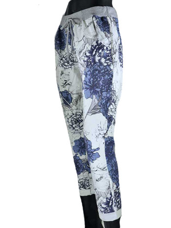 Dames comfy broek met bloemenprint - blauw / wit