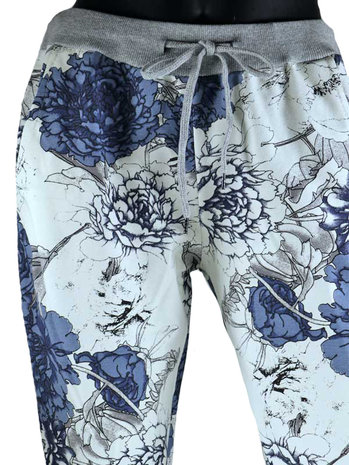 Dames comfy broek met bloemenprint - blauw / wit