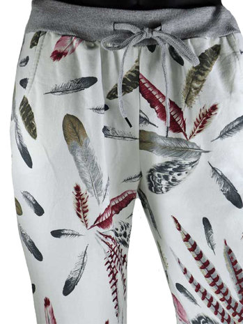 Dames comfy broek met verenprint - rood / grijs