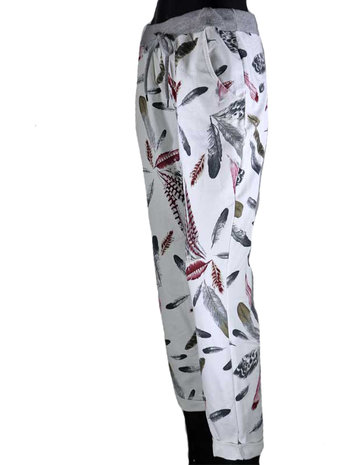 Dames comfy broek met verenprint - rood / grijs