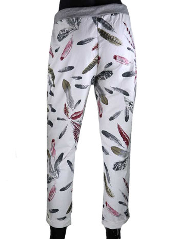 Dames comfy broek met verenprint - rood / grijs