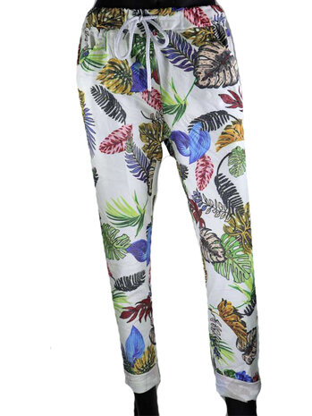Dames comfy broek met tropical print - multicolor / wit