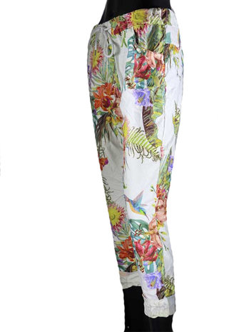 Dames comfy broek met tropical print - multicolor / wit