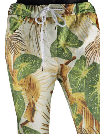 Dames comfy broek met tropical print - bruin / groen