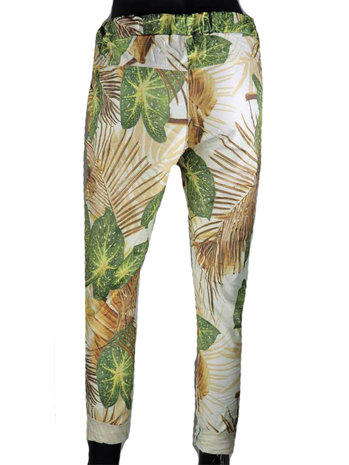 Dames comfy broek met tropical print - bruin / groen