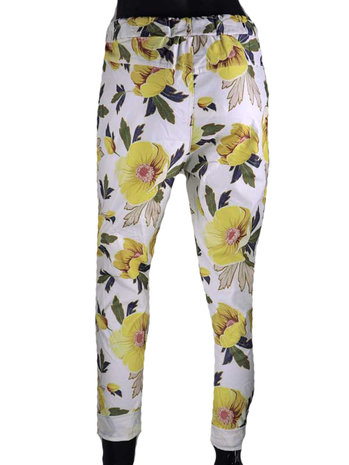 Dames comfy broek met bloemenprint - geel / wit