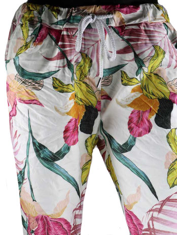 Dames comfy broek met tropical print - roze / wit