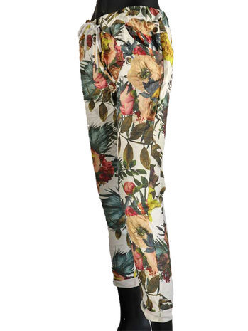 Dames comfy broek met bloemenprint - groen / wit