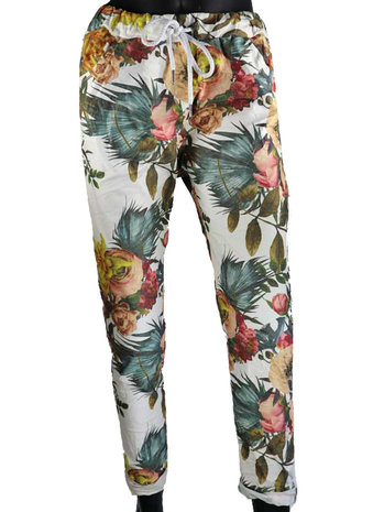 Dames comfy broek met bloemenprint - groen / wit