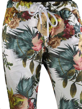 Dames comfy broek met bloemenprint - groen / wit